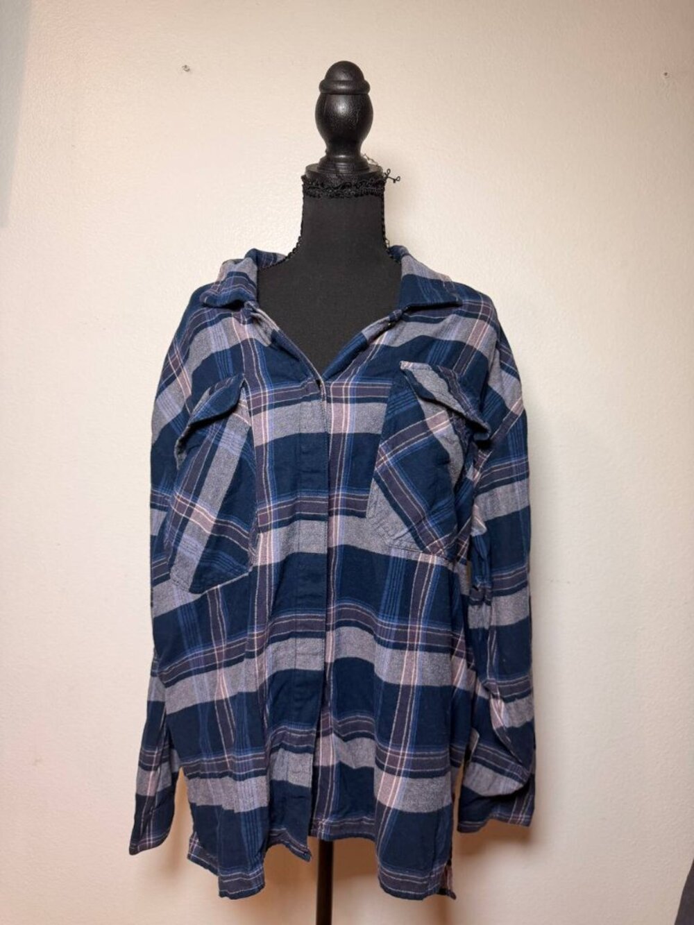 BP Nordstrom Navy Plaid Flannel Oversized Button Down Shirt XL Grunge Cozy Fall